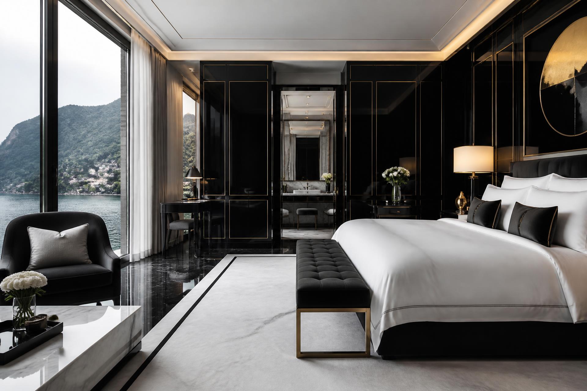A serene luxury hotel suite in warm natural light, with stone panelling and linen textures
